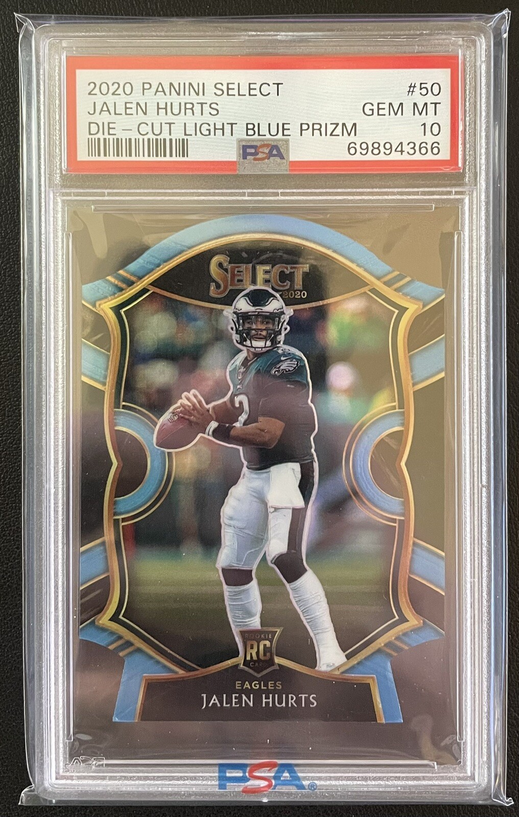2020 Panini Select Jalen Hurts Die-Cut Light Blue Prizm Rookie RC #50 PSA 10