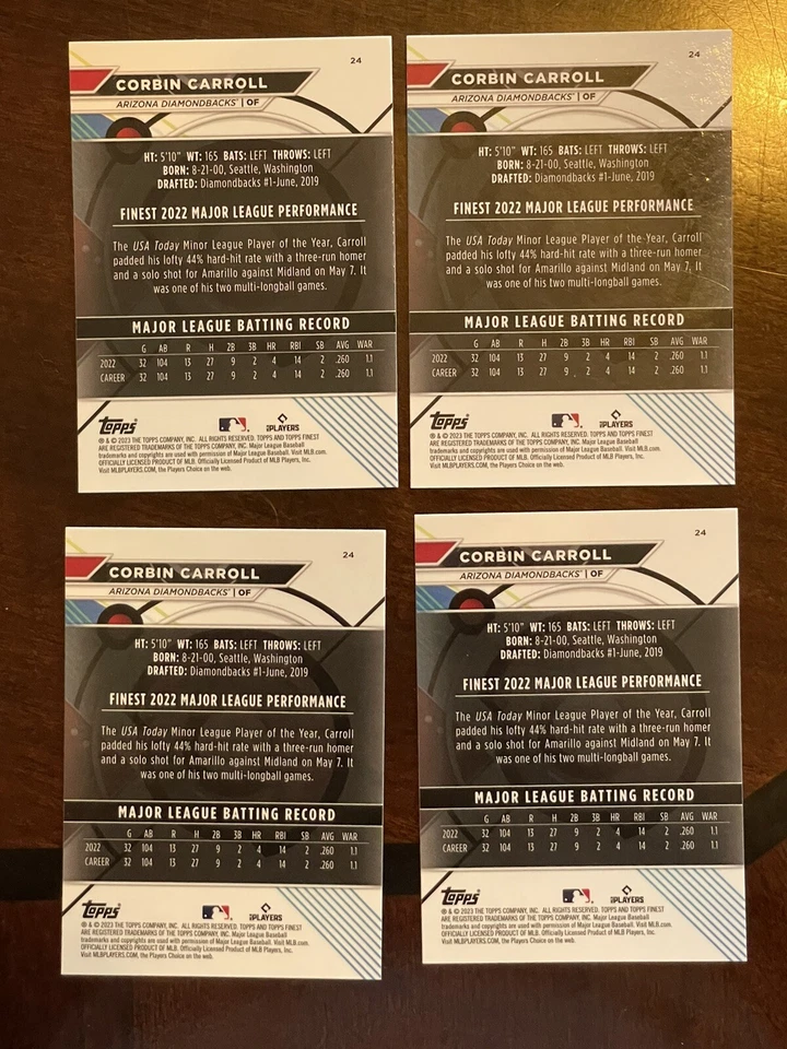 2023 Topps Finest Corbin Carroll Rookie RC #24 Pack Fresh Lot Of 4 - Image 2 of 2