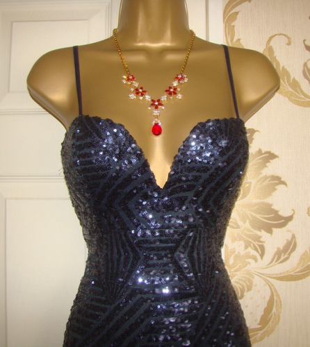 Quiz Navy Blue Sequin Long Maxi Evening Dress Size 12 Formal Prom Cruise Party - Picture 2 of 5