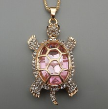 Pink/Blue Glass Rhinestone Turtle Tortoise Pendant Long Necklace