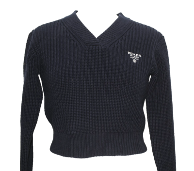 GREAT PRADA COTTON KNITTED NAVY BLUE CROPPED V-NECK JUMPER SIZE 36