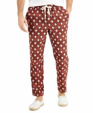  75 Tasso Elba Mens Pants Deep Red Drawstring Geometric Print, L