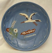 Grand plat, cigogne Alsace, pour entreprise Tradimar de Strasbourg, céramique 