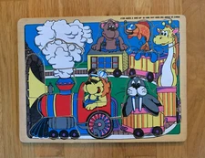 1996 Sky Kids Wood Puzzle Preschool, 14 Pcs Train w/ Walrus Giraffe Fish Monkey