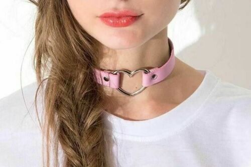 New Faux Vegan Leather Pink Metal Heart Punk Goth Bondage Rock Choker Necklace
