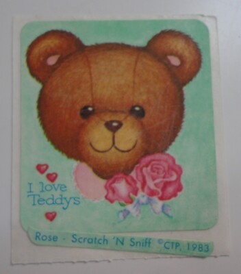 Vintage CTP 1983 Scratch & Sniff Rose Teddy Bear 1980s Unused 2'' Mod Sticker