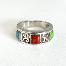 Vintage 925 Sterling Silver Turquoise Coral Floral Filigree Band Ring Size 5.75