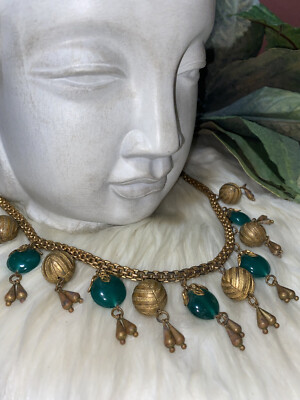 Miriam Haskell Early Green Gripoix Glass And Gilt Gold Drippy Bib Necklace! A4