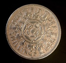 1956 Two Shillings U.K. Coin FiD:DEF Dei-Gratia Regina + Elizabeth II VF