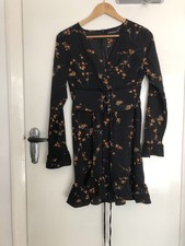 Pretty Little Thing 10 Black & Yellow Floral Frilled Mini Dress With Laceup Belt