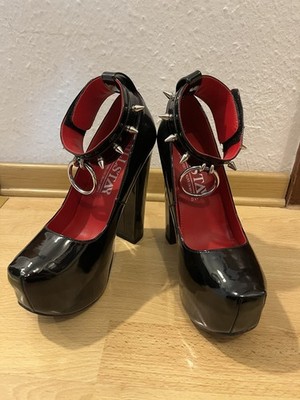 Killstar Pumps,38 High Heels Schwarz Lack Rot Nieten O Ring Gothic Neu! Rave Rar