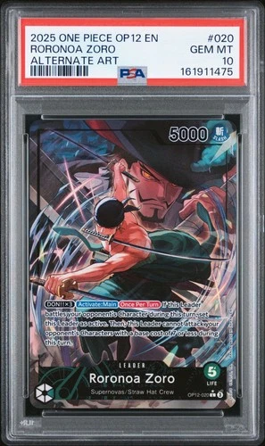 2025 ONE PIECE OP12-020 LEGACY OF THE MASTER RORONOA ZORO ALT ART LEADER PSA 10
