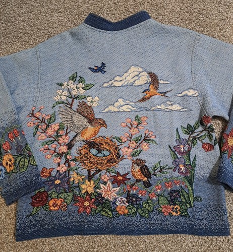 Sugar Street Weavers Tapestry Jacket Floral Birds Spring cherry blossom Easter
