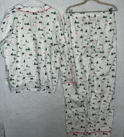 Victoria Secret Flannel Long Pajama Set Womens L Whimsy Winter Forest Ski White