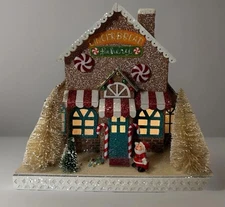 Light Up Tabletop Gingerbread Bakery Christmas Holiday Decor W/Santa & Trees