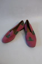 Womens Stubbs & Wootton Pink Green Rare Frog Needlepoint Loafer Flat Shoes 9