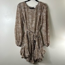 Flawless Brown Floral Print Long Sleeve Ruffle Hem sheer Mini Dress Women’s L