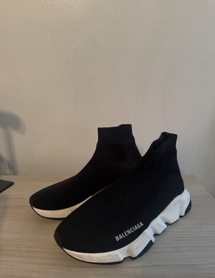 Balenciaga Speed Trainer Black White Knit High Top Slip On Sneakers
