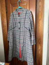 Womens Gray Plaid Long Overcoat with Red Lini...