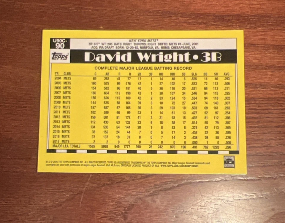 2025 Topps Update David Wright U90C-90 Silver Pack Green Mojo Refractor /99 Mets - Image 2 of 3