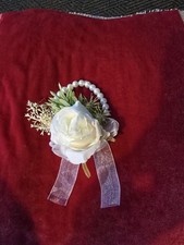 Pearl Beaded Wrist Corsage with White Organza Bow And Rose