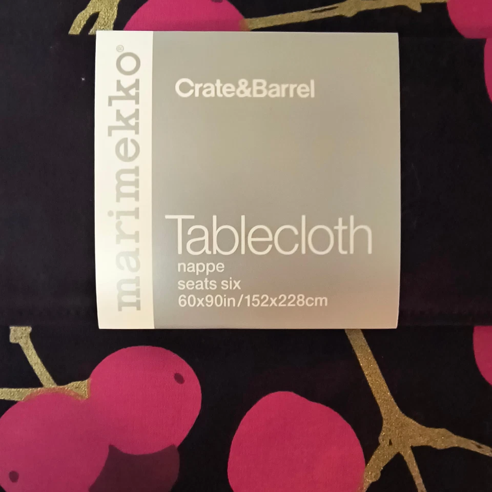 New Crate & Barrel MarimekkoTablecloth Lumimarja Snowberries Black Pink 60 X 90 - Image 2 of 3