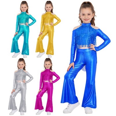 Girls Ballroom Party Costume Disco Dancewear Halloween Outfits Tassel Jazz Kid