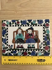 VTG Nancy Vogelzang Tile Girls On Bench Floral 