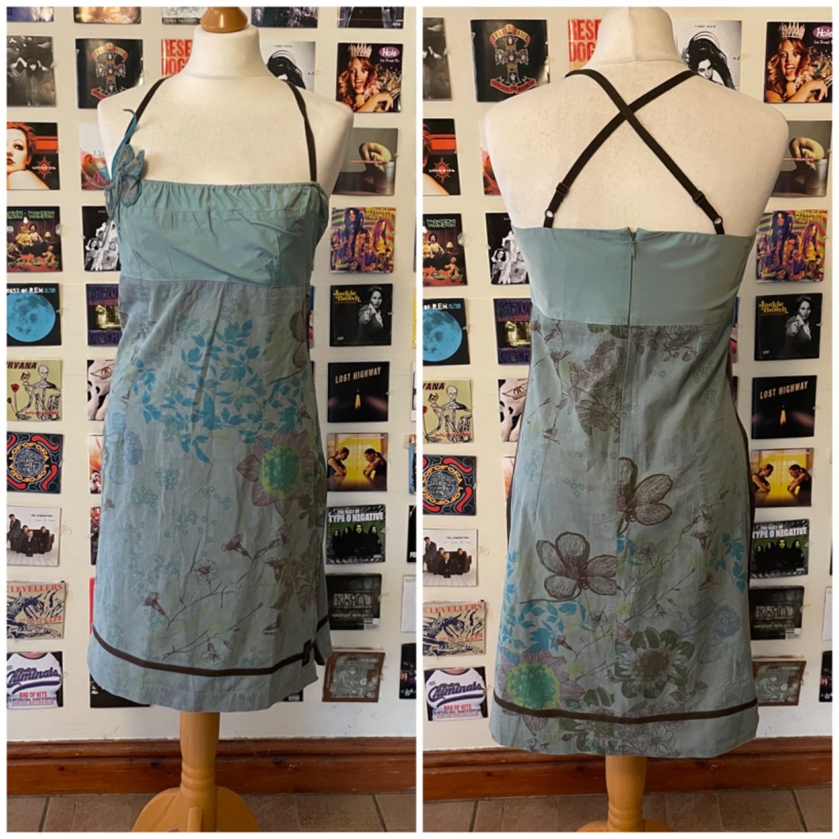 Vintage 90's Y2K Cop copine turquoise brown dress criss cross