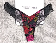 Victorias Secret VerySexy NWT Medium Black Floral Lace Trim High Leg Thong Panty