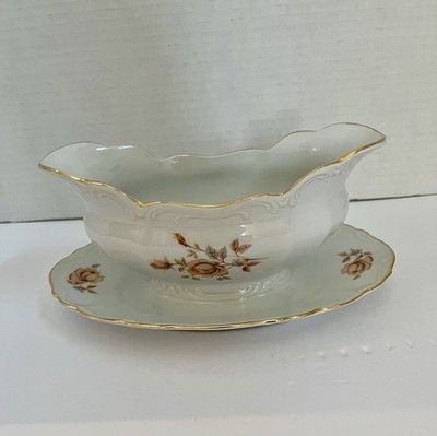 Fine Bohemian China Alpin Rose Gravy Boat Set Floral Gold Trim Underplate