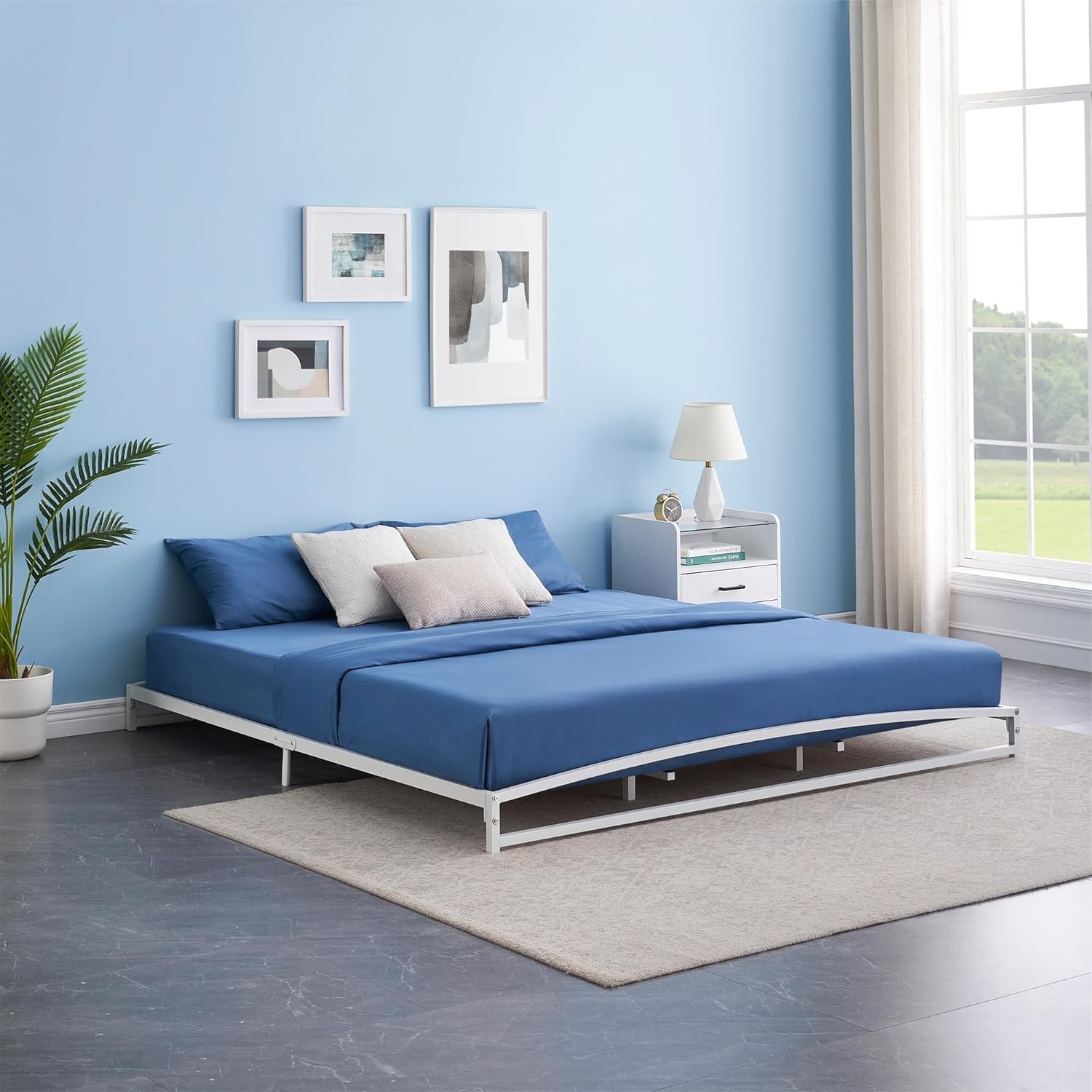 King Size Bed Frame Low Profile 6 Inch Heavy Duty Metal Platform Bed Frame White