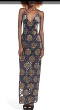 $130 ASTR the Label Eartha Floral Tiered Maxi Navy Gold  Open Back Sexy Dress M