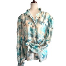 Vintage Florence Henderson Blouse Sz 40 Blue Brown Cream Floral Brady Bunch 70’s