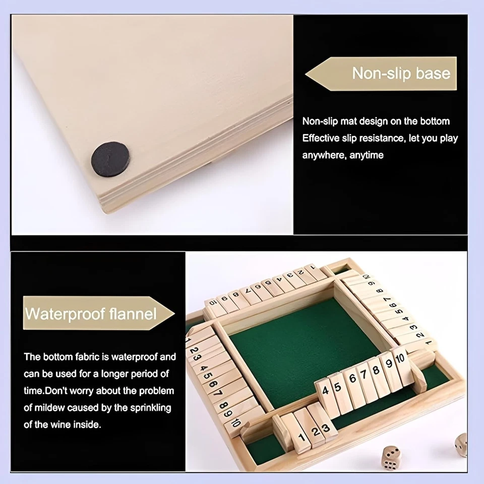 Wooden Shut The Box Board Game 10 Number Sided Dice Set for 2 to 4 Players - Image 4 of 4