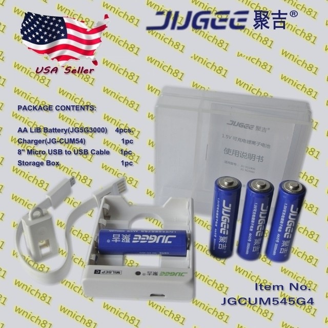 Jugee 1 5v 3000mwh 1000mwh Aa Aaa Lithium Rechargeable Batteries 4 Slot Charger For Sale Online