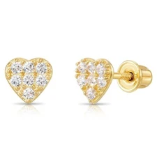 14K Real Solid Gold Pave Small Heart CZ Stud Earrings Screwback Sleeper Studs
