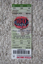 CLEVELAND INDIANS VS BLUE JAYS 9/25/2001 FULL TICKET ~ RUSSELL BRANYAN HR