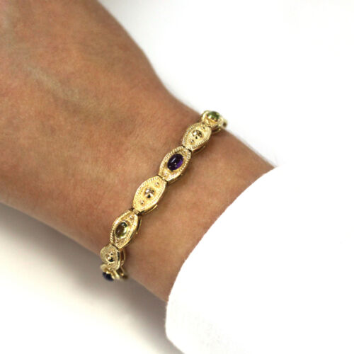 3 ctw Natural Purple Amethyst & Green Peridot Solid 14k Yellow Gold Bracelet 7" - Picture 4 of 10