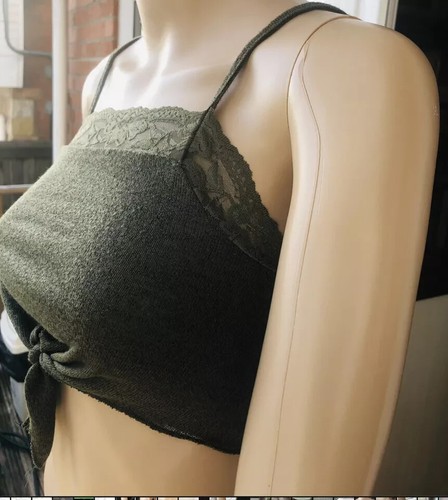GIRL’S CROPPED VEST TOP AGE 9 SPAGHETTI STRAPS SELF-TIE DETAIL LACE PANEL KHAKI - Picture 4 of 6