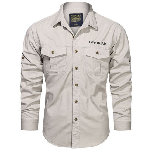Mens Military Shirts Clothes Long Sleeve Pockets Army Cotton Casual Shirts Tops - Picture 2 of 19