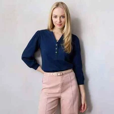 LC Lauren Conrad 3/4 Sleeve Henley Top Navy Plus 1X NWT