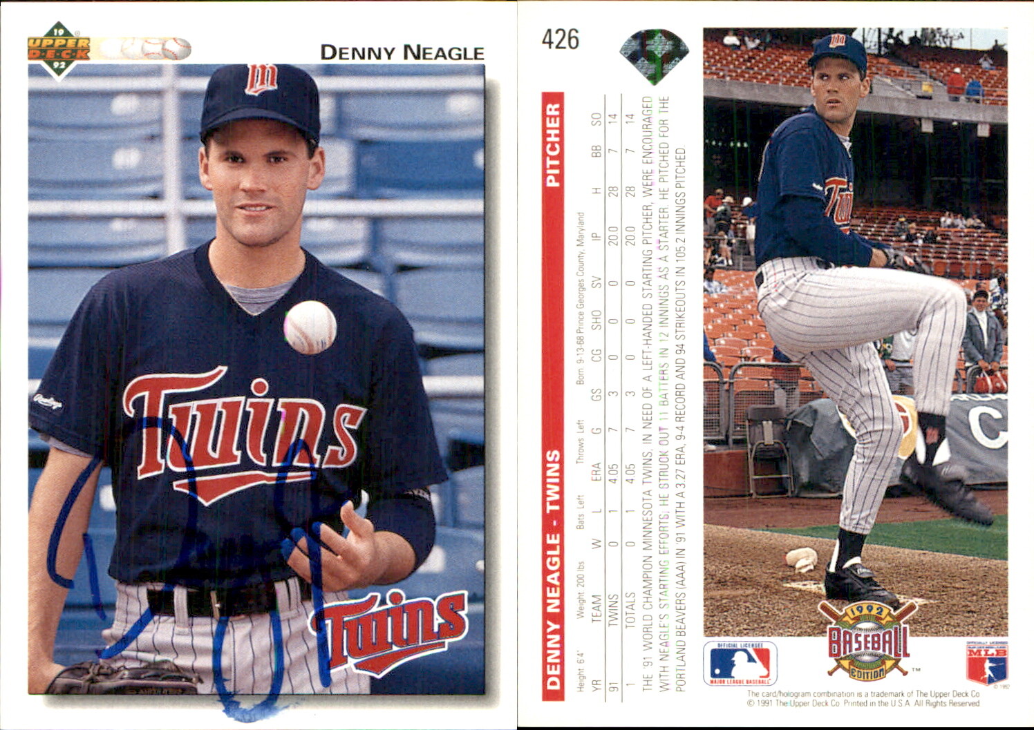 Denny Neagle Signed 1992 Upper Deck #426 Card Minnesota Twins Auto AU