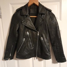 All Saints Leather Jacket Woman's Elva Biker Size 6 - Designer Leather Coat