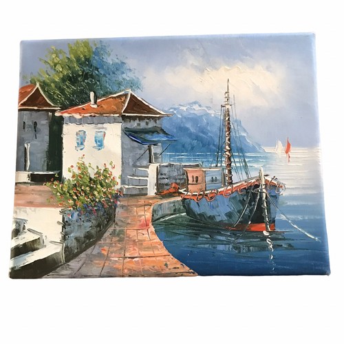 Original Oil Painting On Canvas Summer In Italy   Tuscany  Sea Sailing Boat VTG - Picture 1 of 8