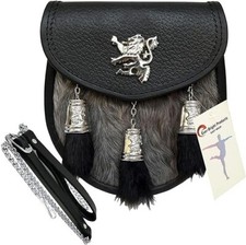 Scottish Kilt Semi Dress Grey Goat Sporran with Rampant Lion  Tassels Caps  