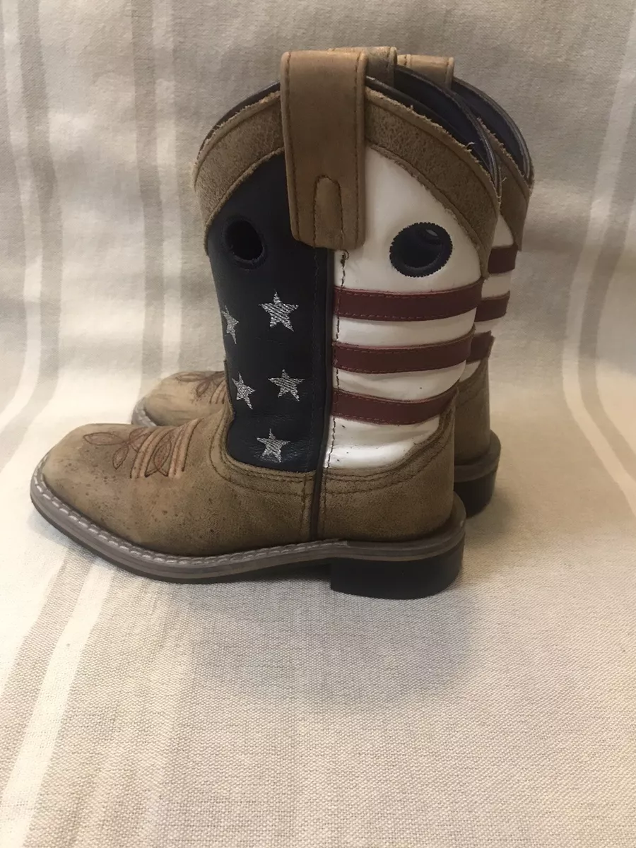 Western Cowboy Boots Brown Leather Red White Blue Boys 10.5 Masterson Boot Co