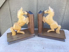 Hand Carved Wood Horse Bookends Rearing Full Figure Western 6 1/8" x 3 1/2" x 6"