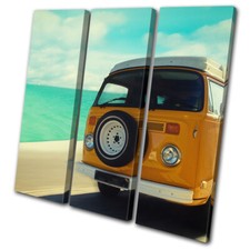 Yellow Camper Van Seaside Transportation TREBLE CANVAS WALL ART Picture Print