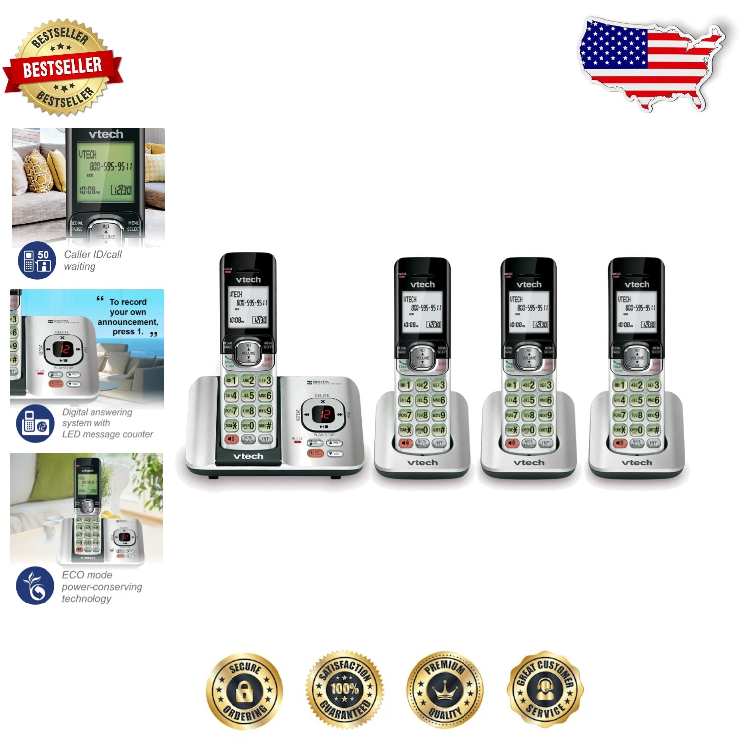 4 Cordless Handsets with Hands-Free Speakerphone & Caller ID Functionality